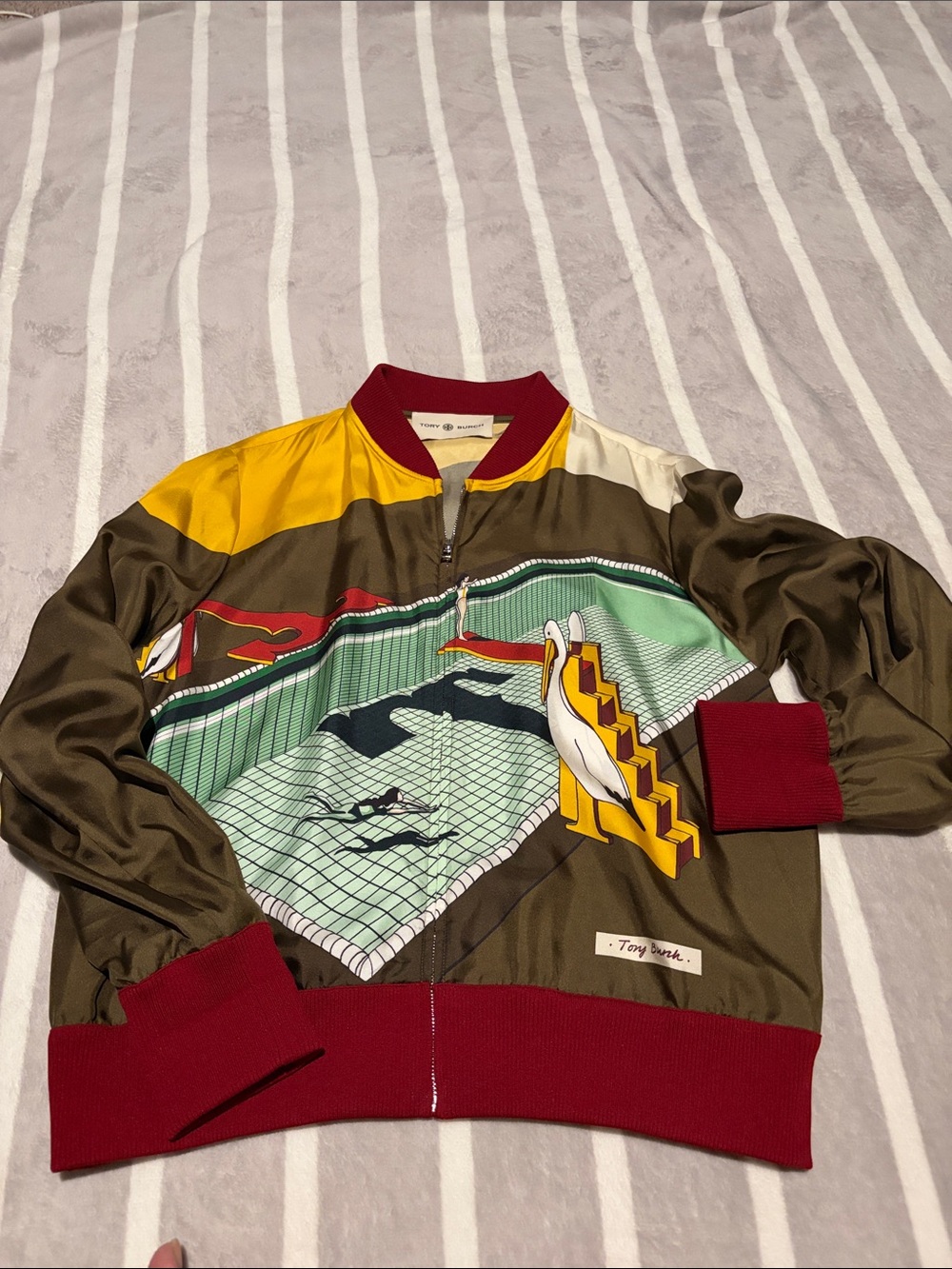 Tory Burch Olive and Maroon Graphic Bomber Jacket with Yellow Accents